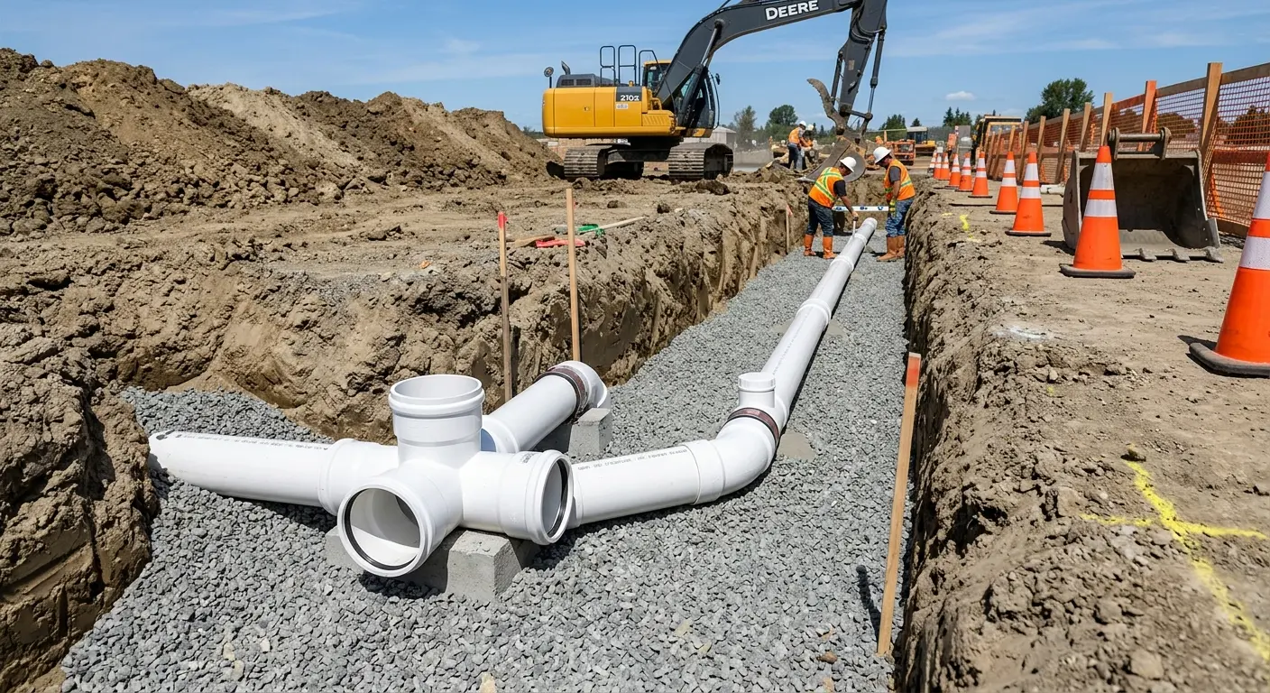New PVC sewer pipe installation in open trench for Commercial Drain Cleaning in Windsor